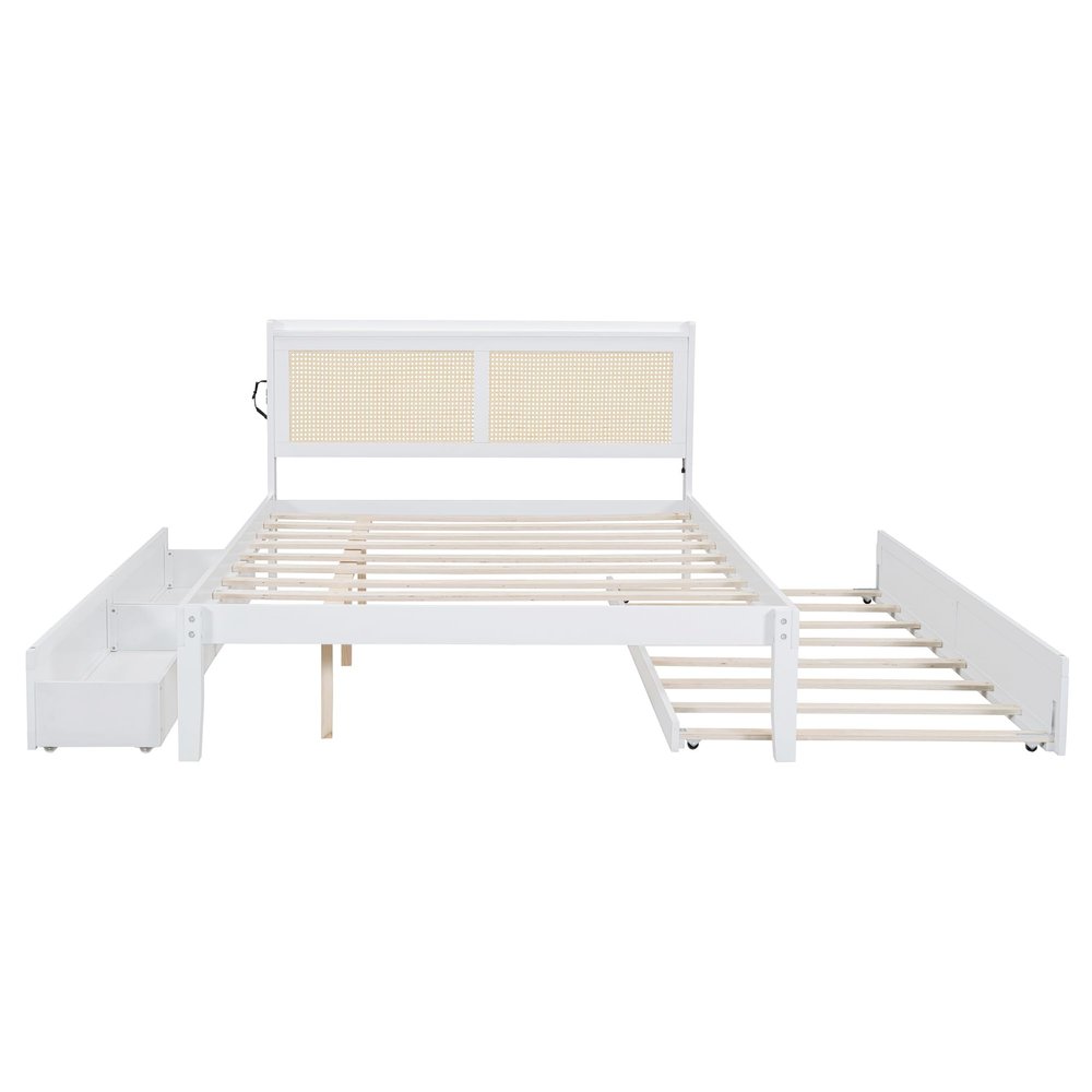 Wood Bed Frame with Rattan Headboard Queen Size Platform Bed Frame with Drawers and Trundle Functional Bed with Sockets