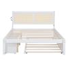 Wood Bed Frame with Rattan Headboard Queen Size Platform Bed Frame with Drawers and Trundle Functional Bed with Sockets view 3