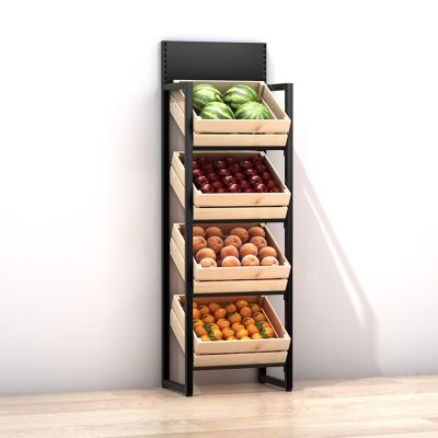 Commercial Supermarket Fruit & Vegetable Shelf 3 4 Tier, Large Capacity Retail Snack Rack Display with Wood Baskets, Kitchen Onion Potato Produce Holder Stand ( Color : 4 Tier , Size : Black rack+wood
