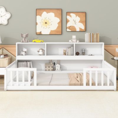 Brabrety Twin Floor Bed with Side Bookcase,Shelves,Solid Wood Frame with Safety guardrails, Suitable for Children and Teenagers' bedrooms (White#071)