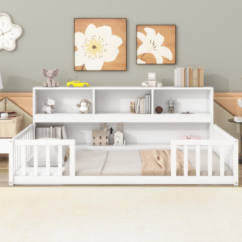 Brabrety Twin Floor Bed with Side Bookcase,Shelves,Solid Wood Frame with Safety guardrails, Suitable for Children and Teenagers' bedrooms (White#071)