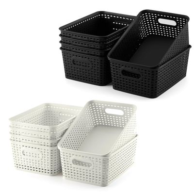 Set of 12 Plastic Storage Baskets Black & White for Shelves, Countertops, Desktops, Cabinets, Bedrooms