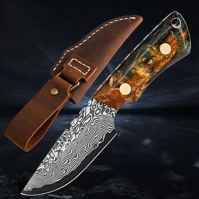 Meat Cleaver,Cleaver Knife, Handmade Damascus Fruit Knife Damascus Steel Blade Hunting Skinning Knife Fixed Blade Camping Survival Knife With Leather Sheath