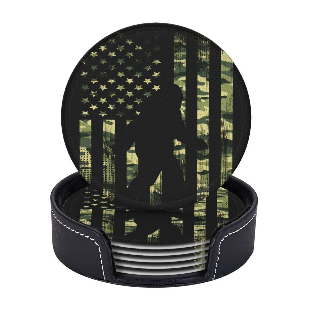 6 Pack American Flag Camo Leather Coaster with Holder for Drinks- Heat Resistant Non-Slip Funny Animal Coasters for Wooden Table Coffee Bar Kitchen Decor Housewarming, Set of 6
