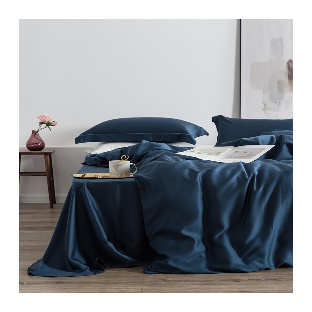 100% Silk Green Bedding Set 25 Momme Silk Bed Sheets Beauty Quilt Cover Set Pillowcase Queen King Bed Set,Comforts (Blue Queen)