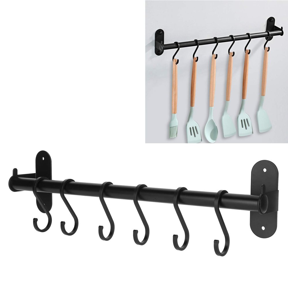 6 Hooks Storage Rack Wall Mounted Storage Holder Strong Load bearing Kitchen Utensil Rack Clother Hanger Punch 40cm for Kitchen