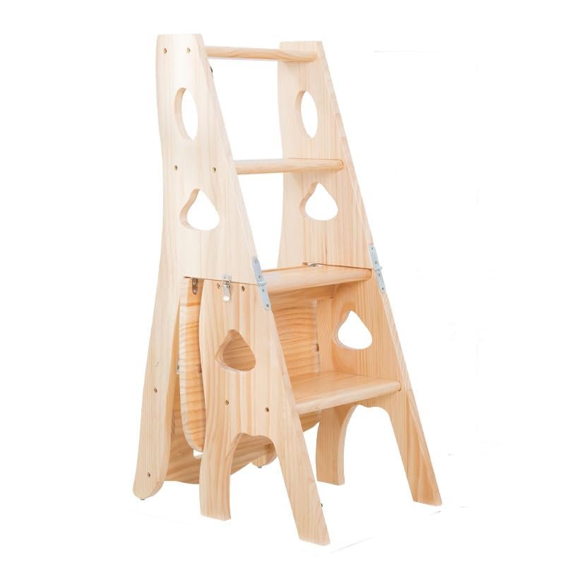 ZBJDX 4-Step Solid Wood Ladder Chair, Dual Purpose Stepladders Display Stand, Multifunctional Step Stool for Adults and Children,Natural