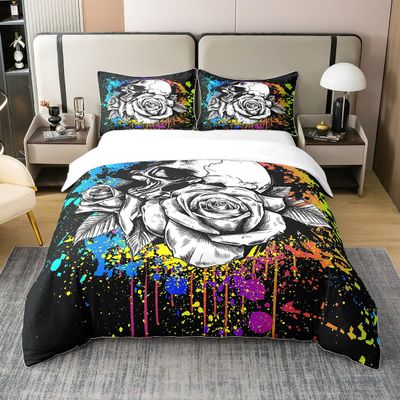 Erosebridal 100% Organic Cotton Sugar Skull Comforter Cover Queen Size Sketch Rose Duvet Cover Black Tie Dye Style Bedding Set Gothic Spooky Quilt Cover for Adults Men Women,Bedroom Decor 3Pcs