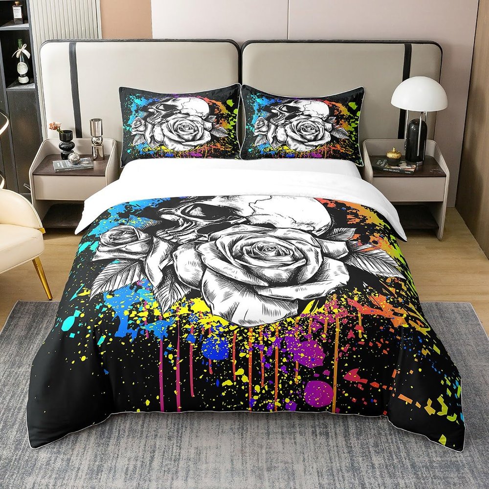 Erosebridal 100% Organic Cotton Sugar Skull Comforter Cover Queen Size Sketch Rose Duvet Cover Black Tie Dye Style Bedding Set Gothic Spooky Quilt Cover for Adults Men Women,Bedroom Decor 3Pcs