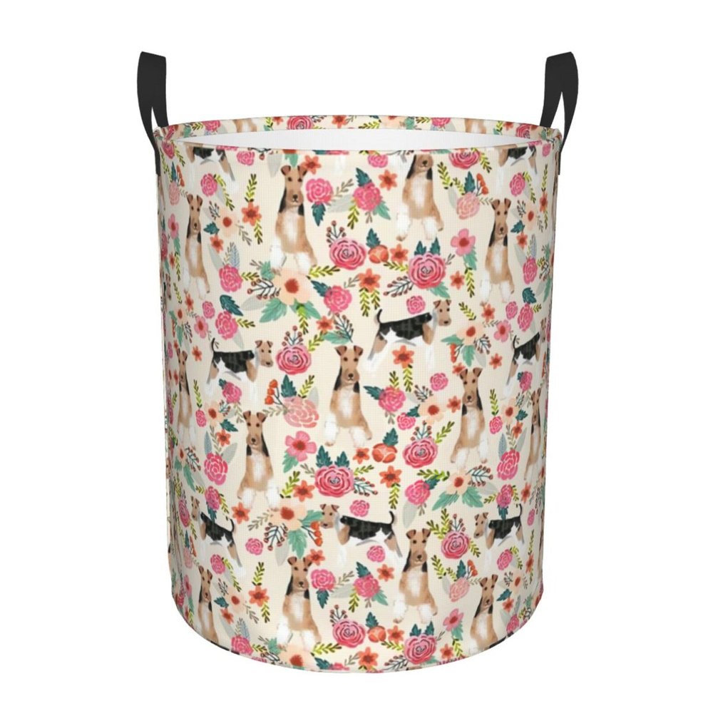 Laundry Hamper (Wire Fox Terrier Dogs Lovers Flower Floral Pattern) Foldable Waterproof Oxford With Handles Large Laundry Basket Clothes Storage Bin
