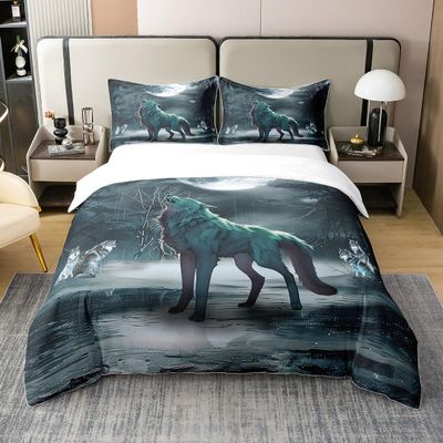 100% Natural Cotton Teens Howling Wolf Comforter Cover For Boys Adult Full Grey Wild Wolf Bedding Set Safari Animal Duvet Cover Woodland Night Sky Quilt Cover With Zipper Closure,Soft Warm 3Pcs