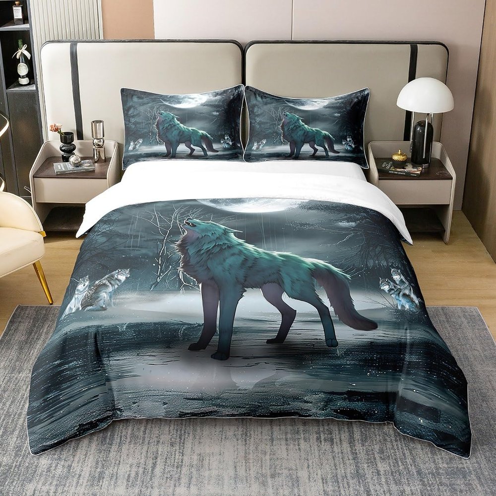 100% Natural Cotton Teens Howling Wolf Comforter Cover For Boys Adult Full Grey Wild Wolf Bedding Set Safari Animal Duvet Cover Woodland Night Sky Quilt Cover With Zipper Closure,Soft Warm 3Pcs
