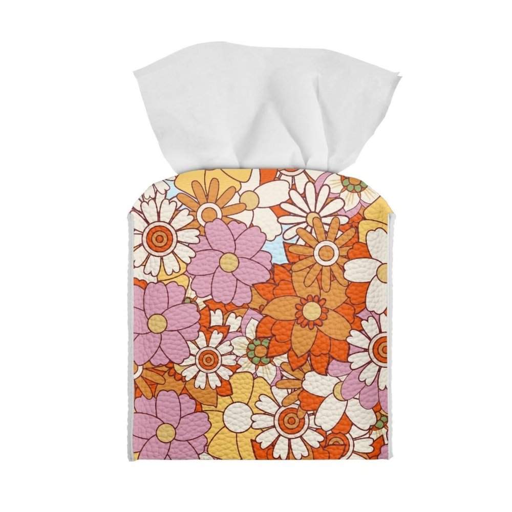 Psaytomey Tissue Box Covers Orange Flower Printed Square Cube Tissue Box Covers Modern Decorative for Bathroom Night Stand Office PU Leather Facial Paper Organizer
