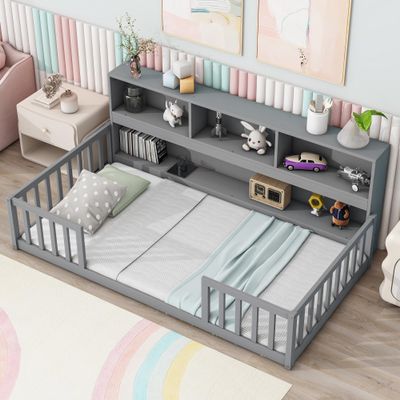 Harper & Bright Designs Twin Floor Bed with Bedside Bookcase, Shelves, Guardrails, Wood Montessori Bed with Storage, Grey