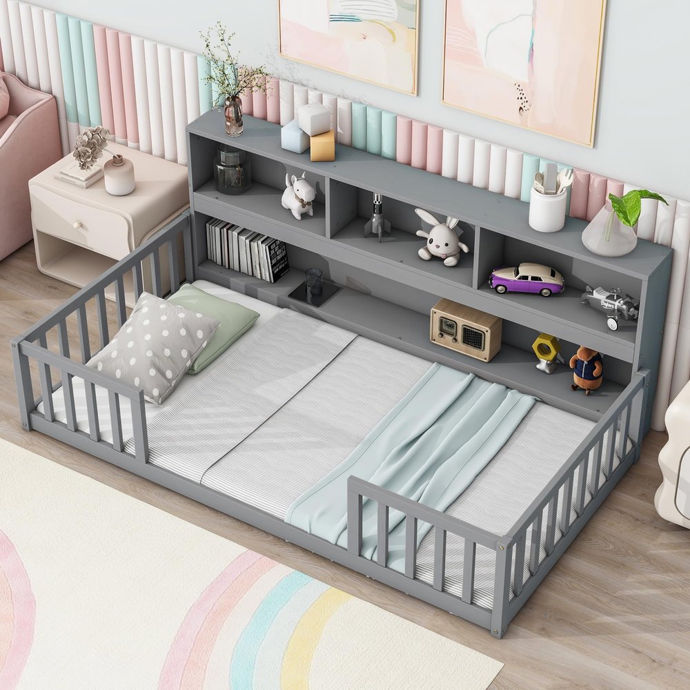 Harper & Bright Designs Twin Floor Bed with Bedside Bookcase, Shelves, Guardrails, Wood Montessori Bed with Storage, Grey