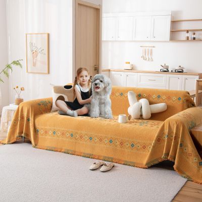 DREAMINGO Orange Boho Sofa Cover Chenille Couch Cover Blanket Vintage Bohemian Sofa Covers for 2 Cushion Couch Geometric Jacquard Sectional Couch Covers for Dogs Washable Loveseat Slipcover 71"x118"