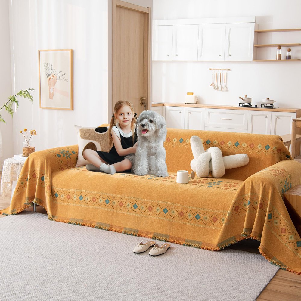 DREAMINGO Orange Boho Sofa Cover Chenille Couch Cover Blanket Vintage Bohemian Sofa Covers for 2 Cushion Couch Geometric Jacquard Sectional Couch Covers for Dogs Washable Loveseat Slipcover 71"x118"