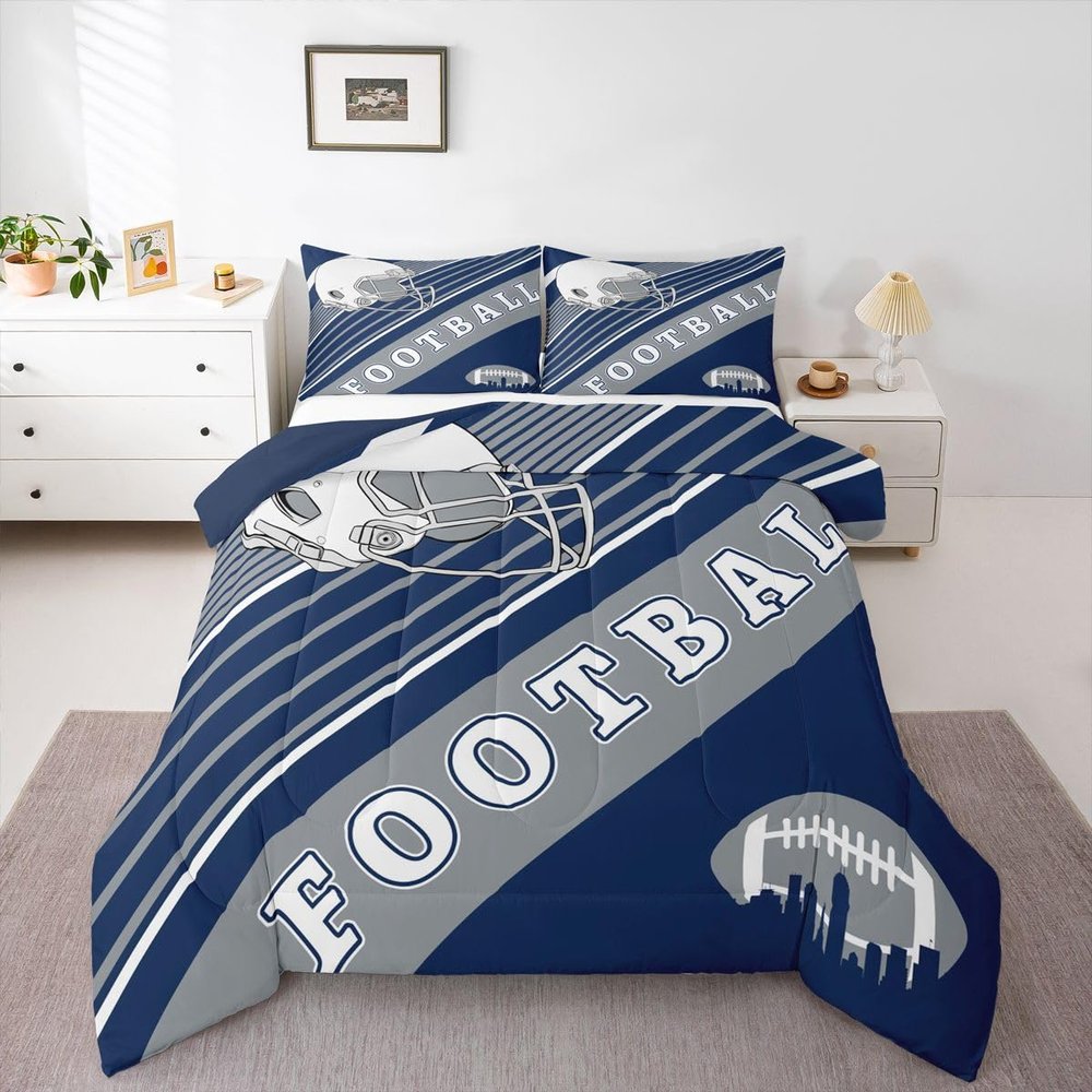 Erosebridal Kids Football Game Comforter Set for Boys Bedroom, Football Themed Bedding Sports Blue and White Decor, 1 Comforter 2 Pillowcases
