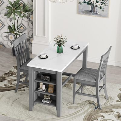 AmoUnico Dining Table for 2, Faux Marble Square Dining Table, 3-Piece Counter Height Dining Table Set, Four PU-Leather Wood Chairs,Kitchen Wooden Table (Grey)