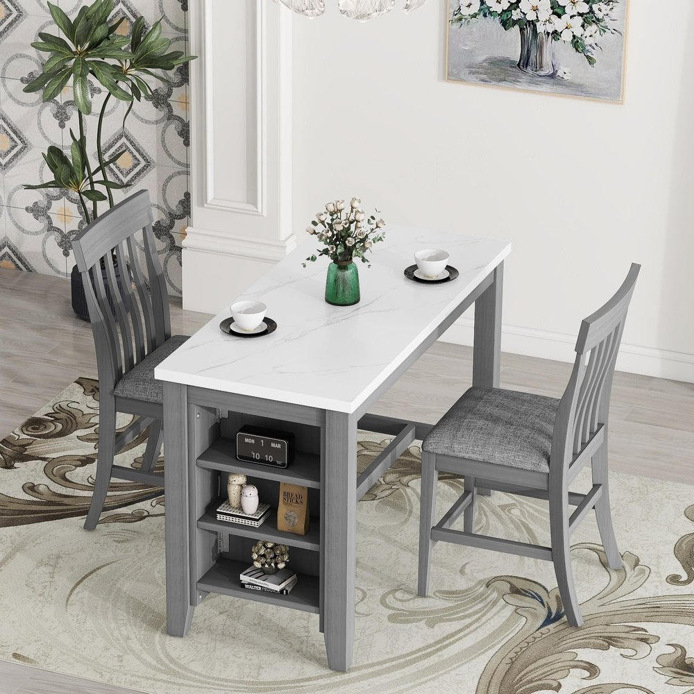 AmoUnico Dining Table for 2, Faux Marble Square Dining Table, 3-Piece Counter Height Dining Table Set, Four PU-Leather Wood Chairs,Kitchen Wooden Table (Grey)