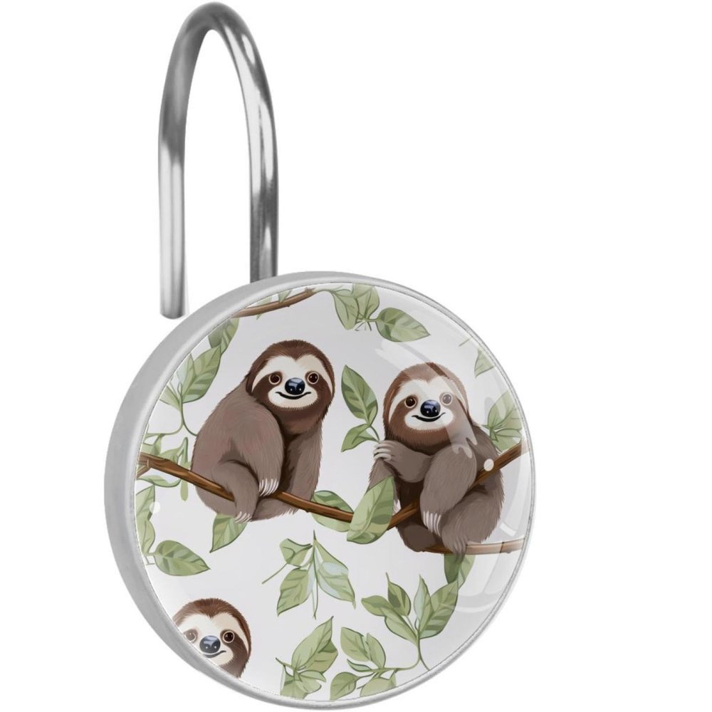 FVQL 12PCS Shower Curtain Hooks Rings for Bathroom Decorative, Animal Sloth Cartoon