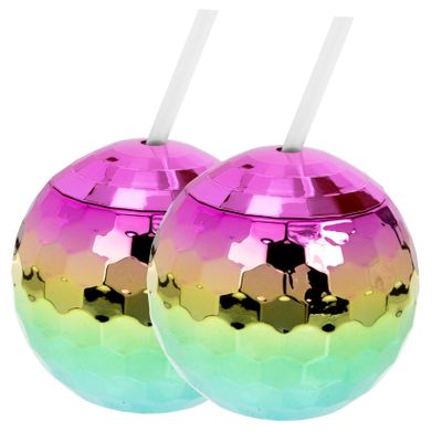 COLLBATH 2pcs Glittering Ball-shaped Drink Cup Disco Decor Party Cup Straw for Bar Cocktail Wedding