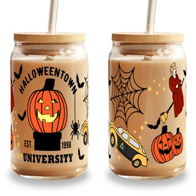 16oz Halloweentown Glass Can Cup with Lid and Straw, Boogie, Nightmare, cute halloween, spooky season cups Iced Coffee Party Favor, Custom Beer Soda, Bamboo Drinkware Aesthetic Tumblers Mug