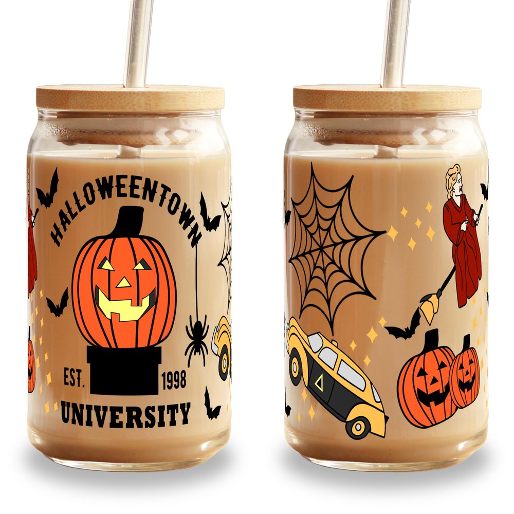 16oz Halloweentown Glass Can Cup with Lid and Straw, Boogie, Nightmare, cute halloween, spooky season cups Iced Coffee Party Favor, Custom Beer Soda, Bamboo Drinkware Aesthetic Tumblers Mug