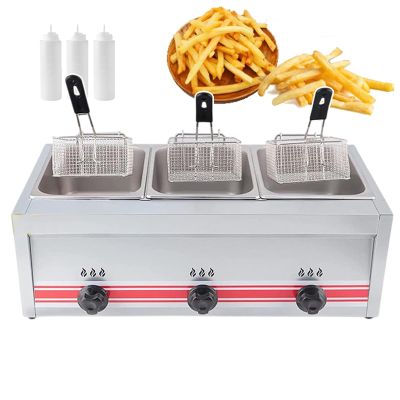 forplubossmmp Triplecylinder Kitchen Gas Fryer(30L) for Commercial, Stainless Steel Removable Oil Deep Fryer Basket Freestanding Temperature Control Oil Fryer, Kitchen Outdoor Use