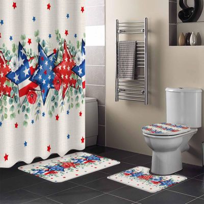 American Flag Stars Eucalyptus Bathroom Set with Shower Curtain and Rug Accessories - 72x72 Inches Long Bathtub Curtain with Large Bath Mat,Bathtub Runner Rug Set,12 Hooks Retro Patriotic 4th of July
