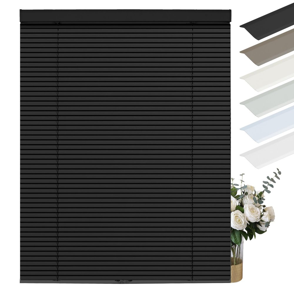 Sulugood Cordless Aluminum Mini Blinds for Windows 1" Room Darkening Metal Horizontal Window Blinds Venetian Light Adjust Window Shades for Home Office Living Room Door Black,28" W x 56" H