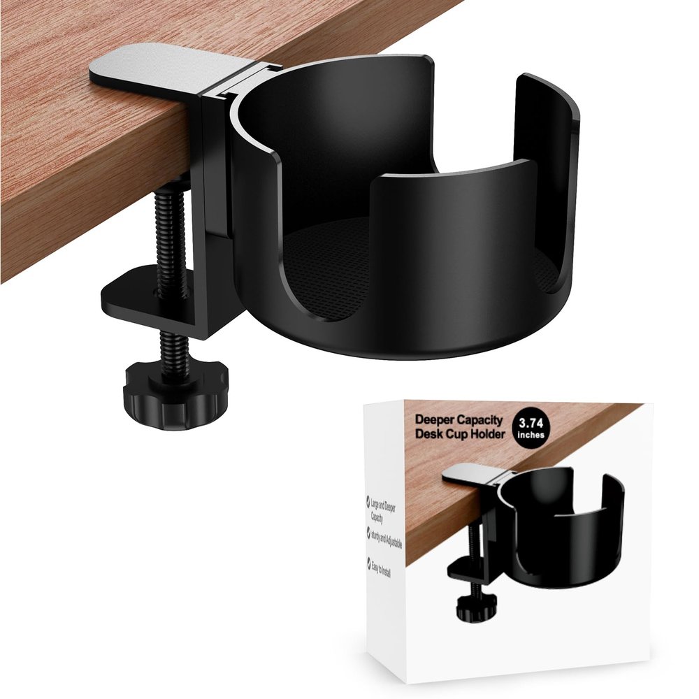 ONDAIUN Large Desk Cup Holder Clamp Anti-Spill Cup Holder for Your Desk or Table,Cup Holder Inner Diameter 9.5cmCapacity 5kg/11lb Compatible with Universal Cup, Bottles(Black) (Desk Cup Holder)