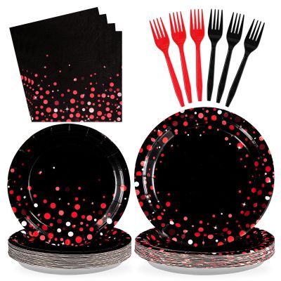 Grencian 96Pcs Black and Red Party Decorations Valentine's Day Red Dot on Black Plates and Napkins Disposable Tableware Set for Birthday Baby Shower Wedding Valentine's Day Party Supplies, Serves 24
