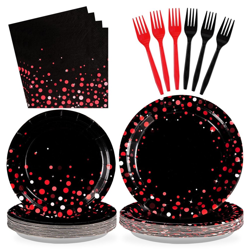 Grencian 96Pcs Black and Red Party Decorations Valentine's Day Red Dot on Black Plates and Napkins Disposable Tableware Set for Birthday Baby Shower Wedding Valentine's Day Party Supplies, Serves 24