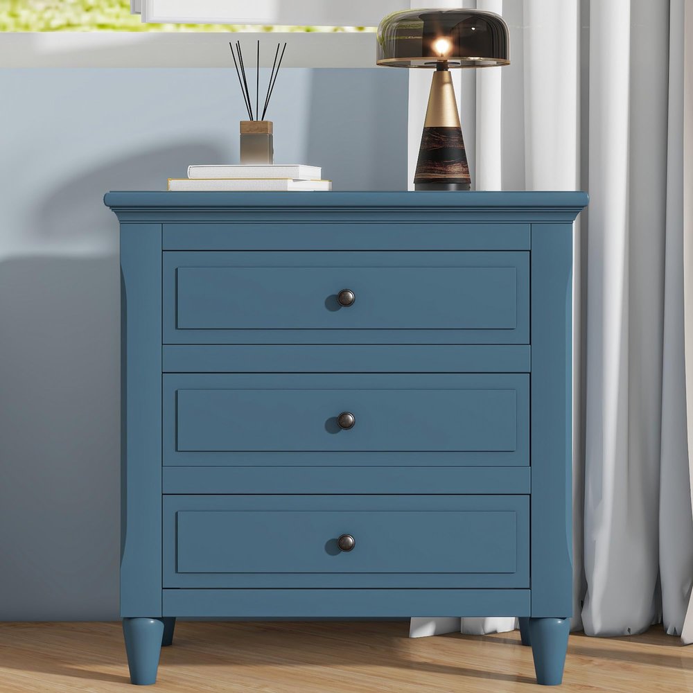 XD Designs Solid Wood Side End Table, 2-Drawer Night Stand with Storage Shelf, Bedside Nightstand, Accent Table for Bedroom Hallway Living Room (Blue, 17 in x 28 in x 28 in)