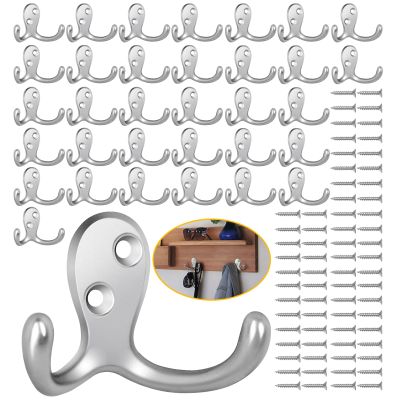 Homanu 34 Pack Silvery Coat Hooks Wall Mounted Double Prong with 68 Screws