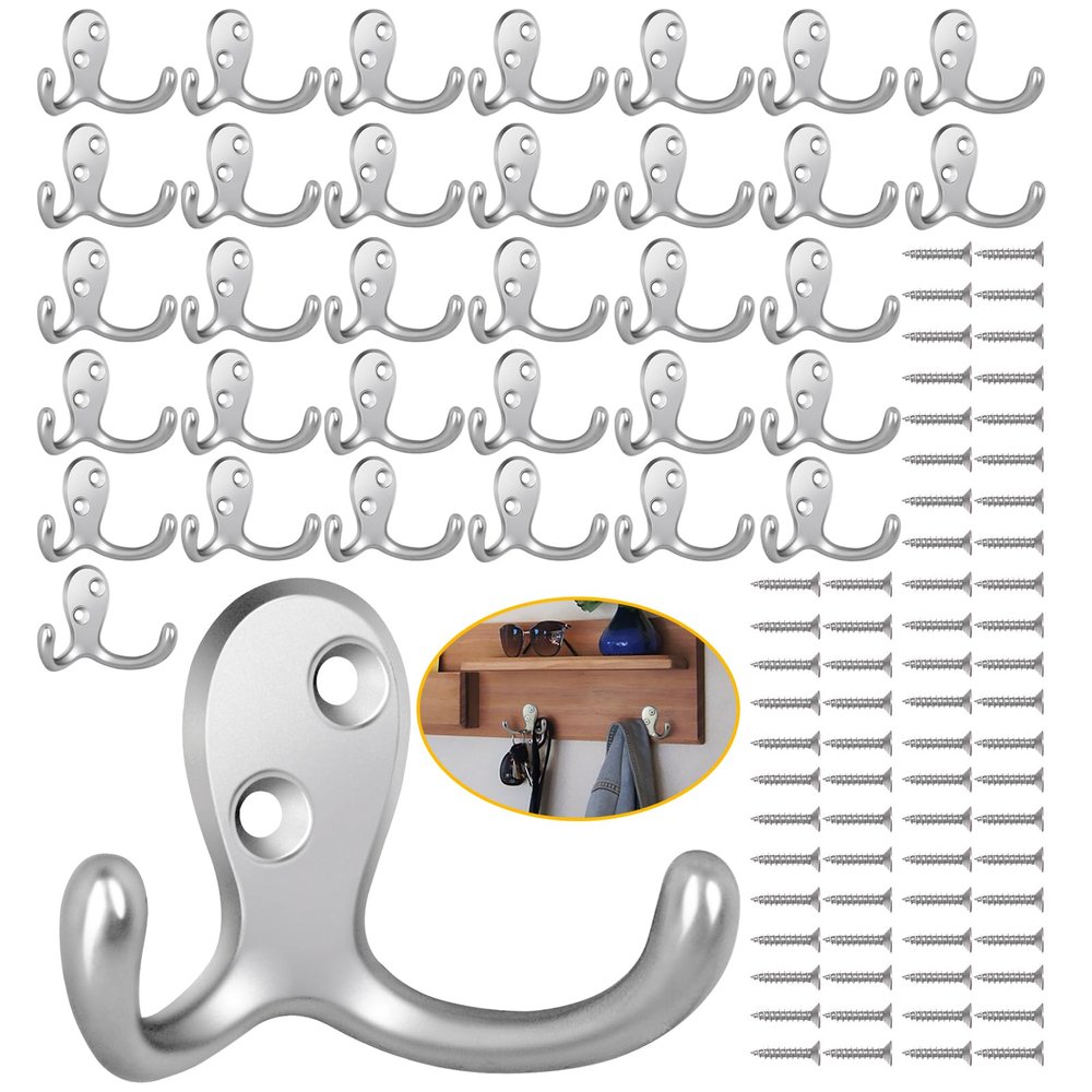 Homanu 34 Pack Silvery Coat Hooks Wall Mounted Double Prong with 68 Screws