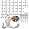 Homanu 34 Pack Silvery Coat Hooks Wall Mounted Double Prong with 68 Screws view 1