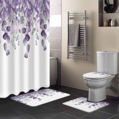 Eucalyptus Bathroom Set with Shower Curtain Rug Accessories - 36x72 Inches Long Stall Curtain with Large Bath Mat,Bathtub Runner Rug Set,12 Hooks Purple Blooms Botany Spring Summer Aesthetic Leaves