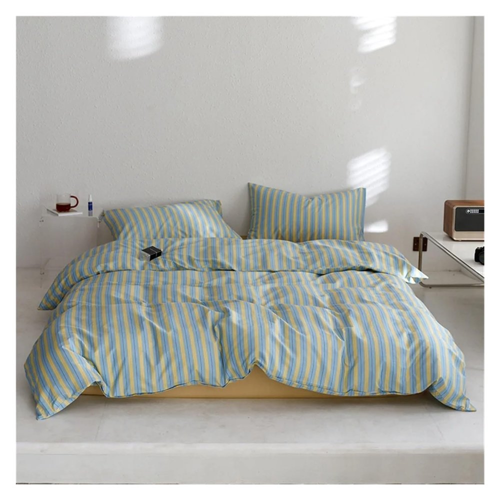 QuKan Bed, Nordic Grey Blue Stripes Duvet Cover Set Cotton Queen King Size Bedding Set Bedlinens Sheet Pillowcases, MM-102