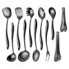 304 Stainlss Steel Matte Kitchen Utensils Set, 11 Pcs Long Metal Cooking Utensil Gadgets Tools Set with Spatula, Ladle, Spoon, Skimmer, Turner, Pasta Server, Tongs(Black, Dishwasher Safe) view 1