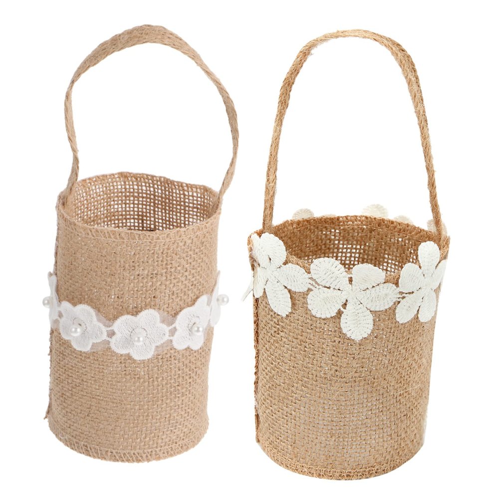 WHAMVOX 2pcs Burlap Flower Girl Baskets Wedding Ceremony Decorations Handle for Vintage Rustic Event
