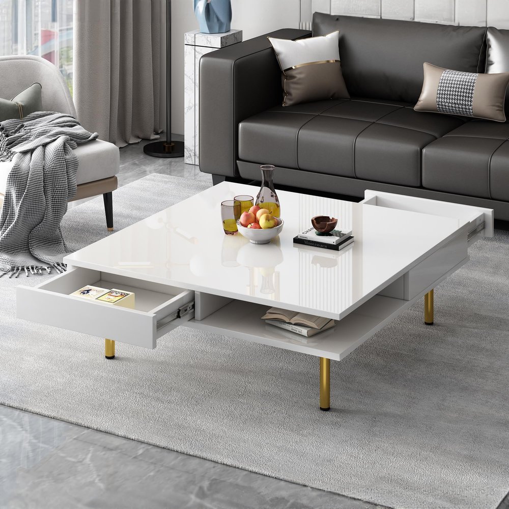 AMNOOL 33.40 Inch High Gloss Coffee Table with 2 Small Drawers and 4 Gold Legs 2-Tier Square Center Table Cocktail Table Decorative Display Table for Bedroom Living Room Office (White)