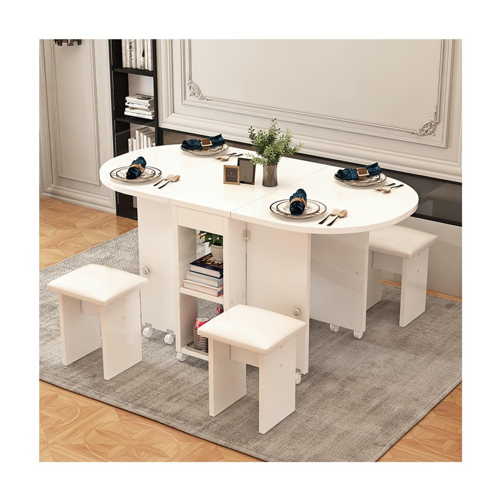 Expandable Folding Dining Room Table, Small Dining Table Set for 4, Drop Leaf Kitchen Table Small Space Dining Room Kitchen Modern Movable Kitchen Table and Buffet Cabinet with Storage Space(White,OVA