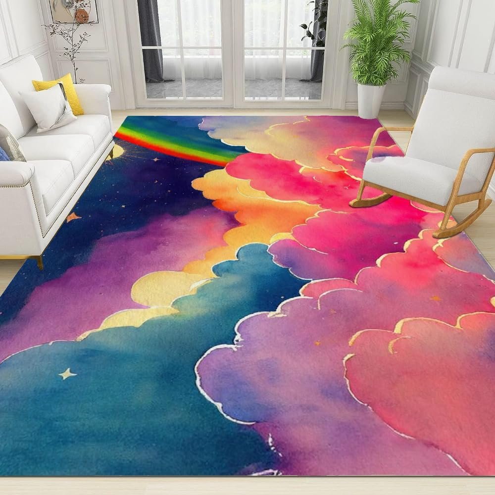 8x10 Large Area Rugs Watercolor Rainbow Cloud Rugs for Living Room, Stars Pink Golden Sky Nursery Rug with Under Rug Non Slip Tape for Bedroom Kids Room