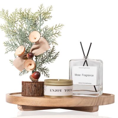 Round Decorative Tray Wood Bathroom Counter Organizer Farmhouse Kitchen Decor Wooden Riser for Soap Dish, Perfume, Candle, Sponge, 11" - Brown