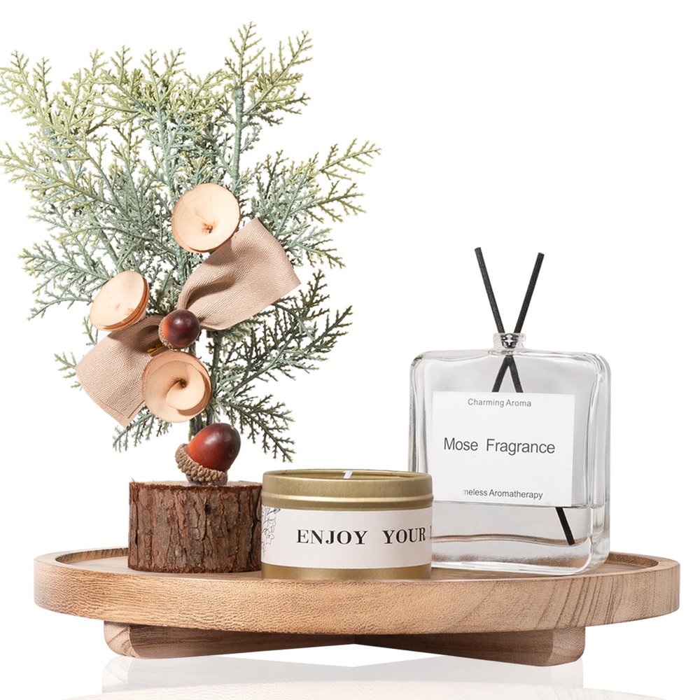 Round Decorative Tray Wood Bathroom Counter Organizer Farmhouse Kitchen Decor Wooden Riser for Soap Dish, Perfume, Candle, Sponge, 11" - Brown