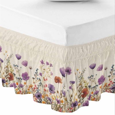 RisQiten Purple Red Spring Floral Bed Skirt Cal King Size 16 Inch Drop, Elastic Bedskirt Dust Ruffle for Cal King Bed, Watercolor Botanical Summer Flowers Wrap Around Bed Skirts Bed Frame Cover