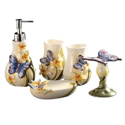 Soap Dispenser Bathroom Accessories Set Emulsion Dispensing Pump Set European Ceramic Modern Minimalist Garden Style Stereoscopic Butterfly Bathroom Accessories Set Decorative Gifts liquid soap dispen