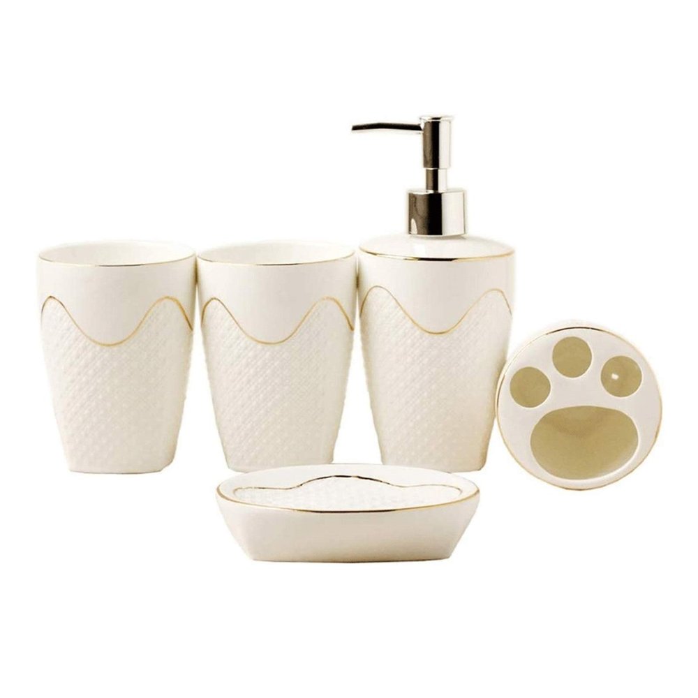 Soap Dispenser Bathroom Accessory Set, 5 PCS Bath Ensemble Set Includes Emulsion Dispenser Soap Dish Mouthwash Cup Toothbrush Holder - Ceramics Relief Bathroom Accessory Set for Home, Office, Superior